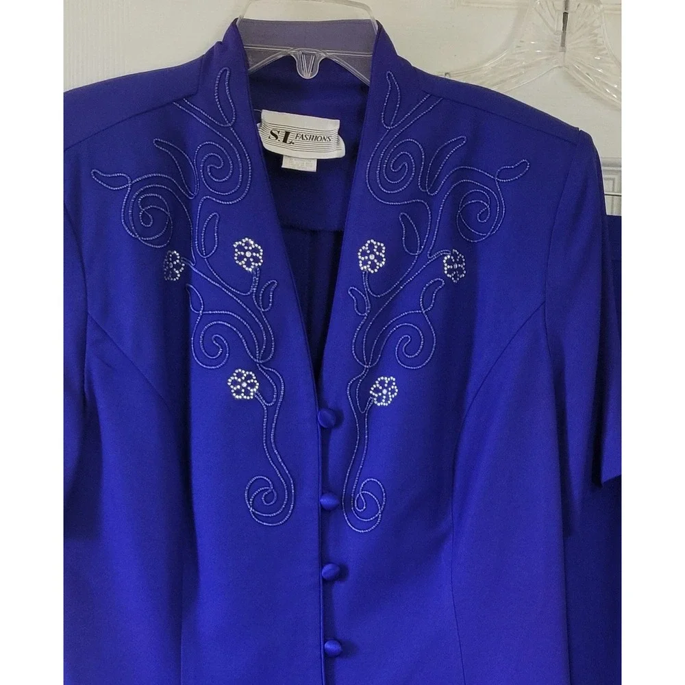 Vintage Royal‎ Blue Skirt Suit Short Sleeve Embroidered Beaded 2pc Size 14 USA